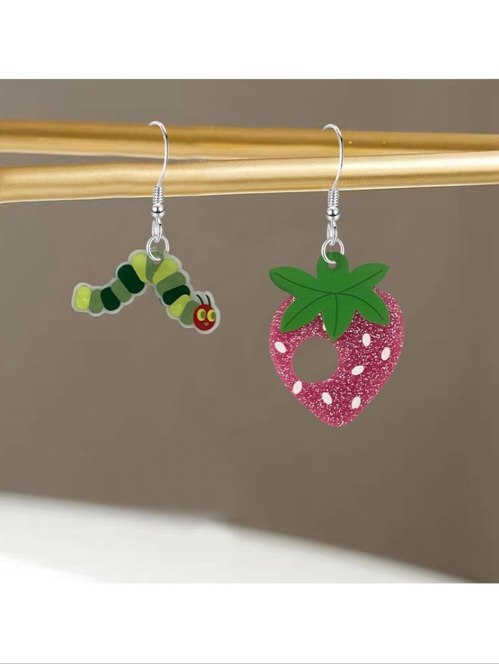 Green Caterpillar & Pink Strawberry Kids Dangle Earrings